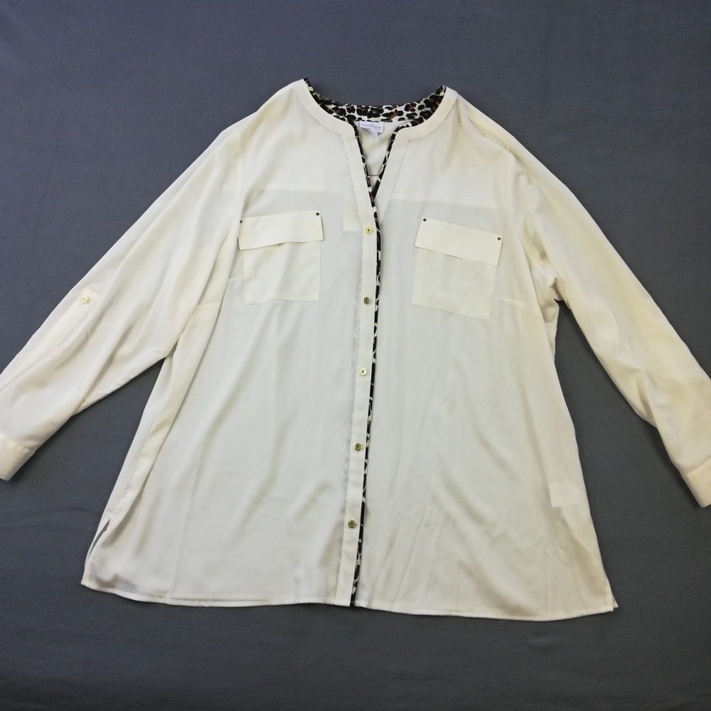 Jaclyn Smith Womens Blouse Animal Trim Utility Tunic Cream Roll Tab Plus 2X New